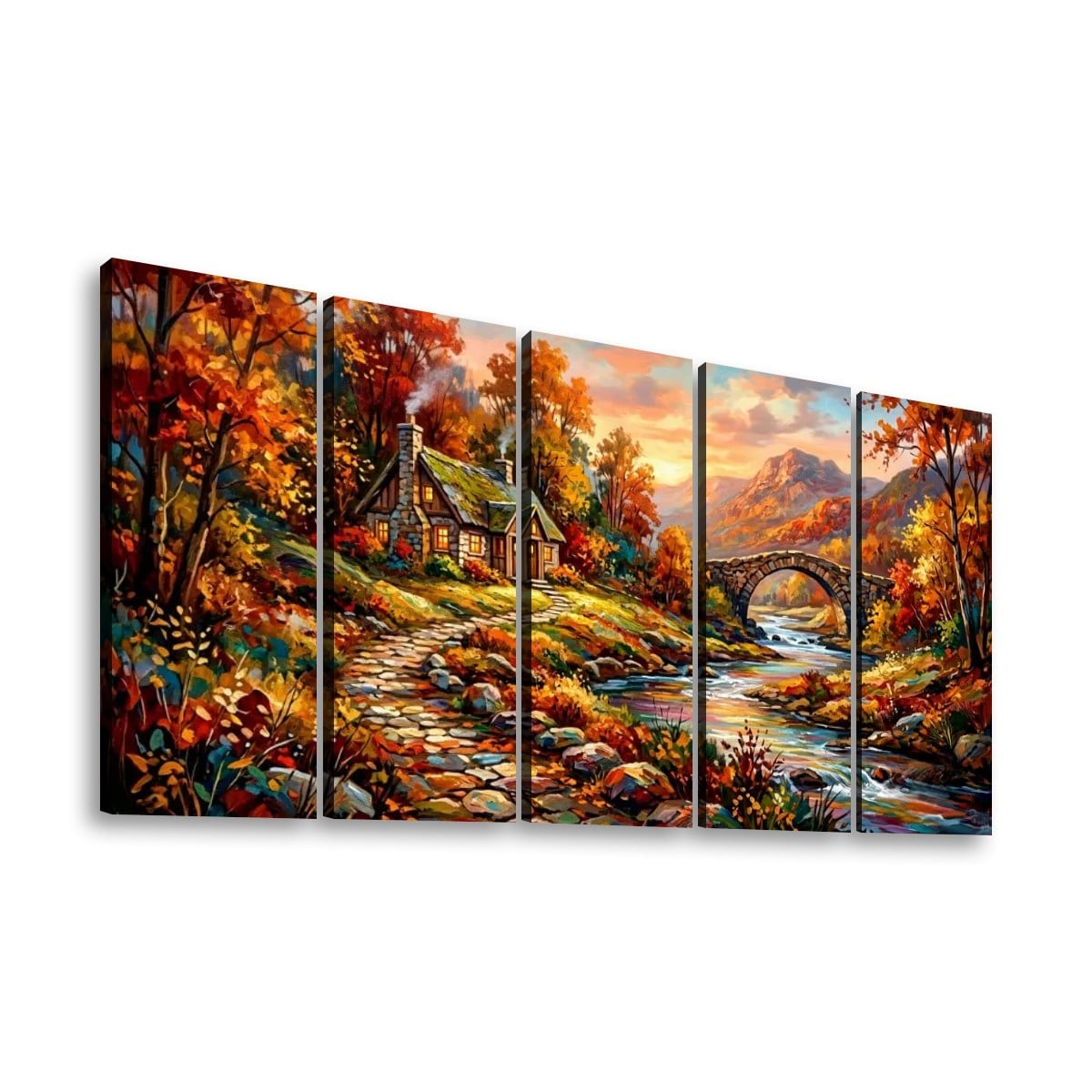 A four-panel canvas wall art set depicting a colorful autumn landscape with a stone bridge over a stream, a small cottage, and rich fall foliage.