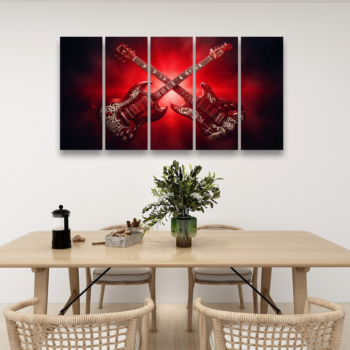 A four-panel canvas wall art set depicting two crossed electric guitars against a dramatic red and black background, displayed on a white wall above a wooden dining table with chairs and a vase.