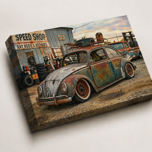A rectangular canvas wall art print showing a vintage rusted blue Volkswagen Beetle parked in front of a speed shop, photographed at an angle against a plain light background.