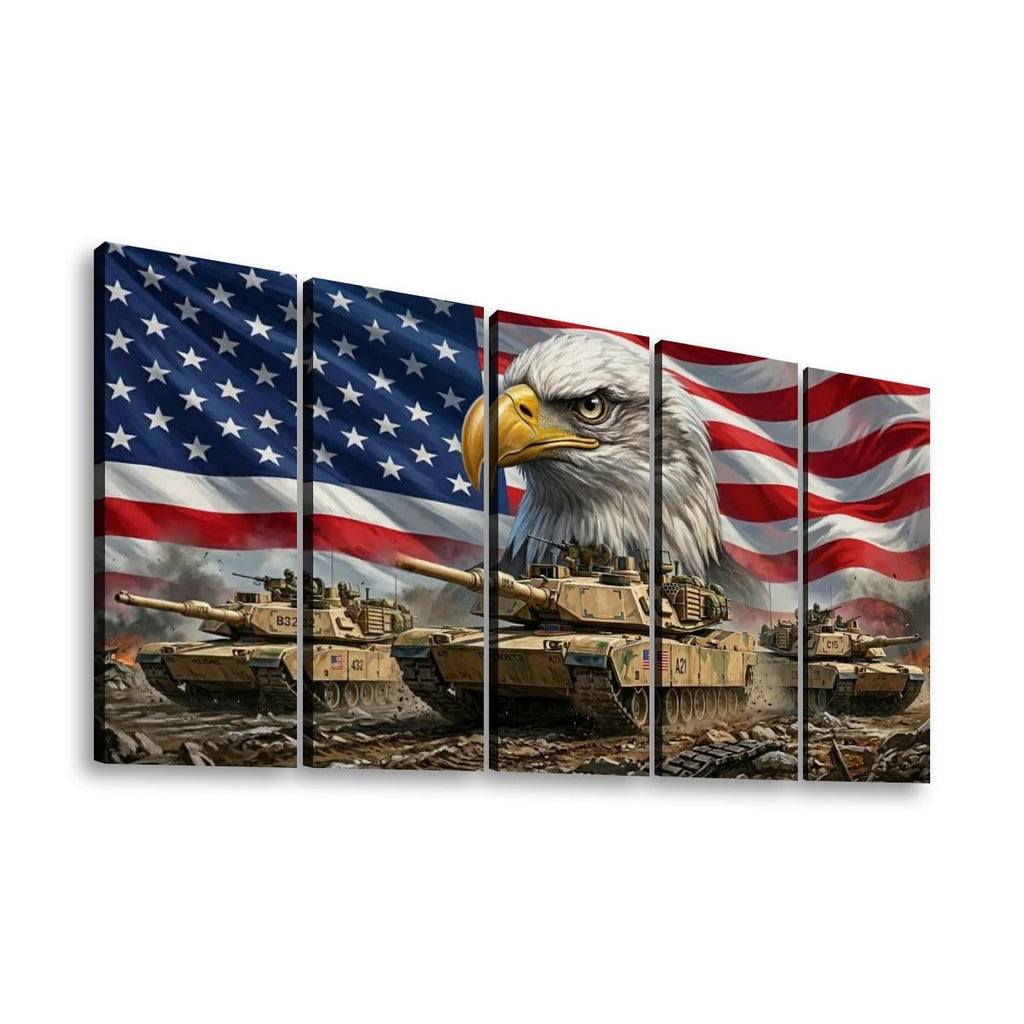 US American Flag Bald Eagle Army Tanks Military Split Canvas Panel Wall Art 1, 3, 5 Panel