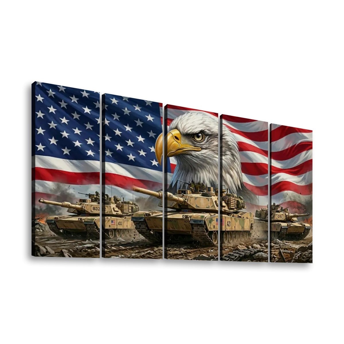 US American Flag Bald Eagle Army Tanks Military Split Canvas Panel Wall Art 1, 3, 5 Panel
