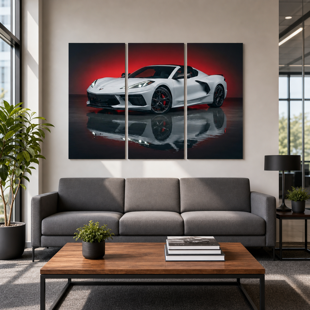 A three-panel canvas wall art print depicting a white sports car with a red reflection, displayed on a beige wall above a modern gray sofa in a styled living room.