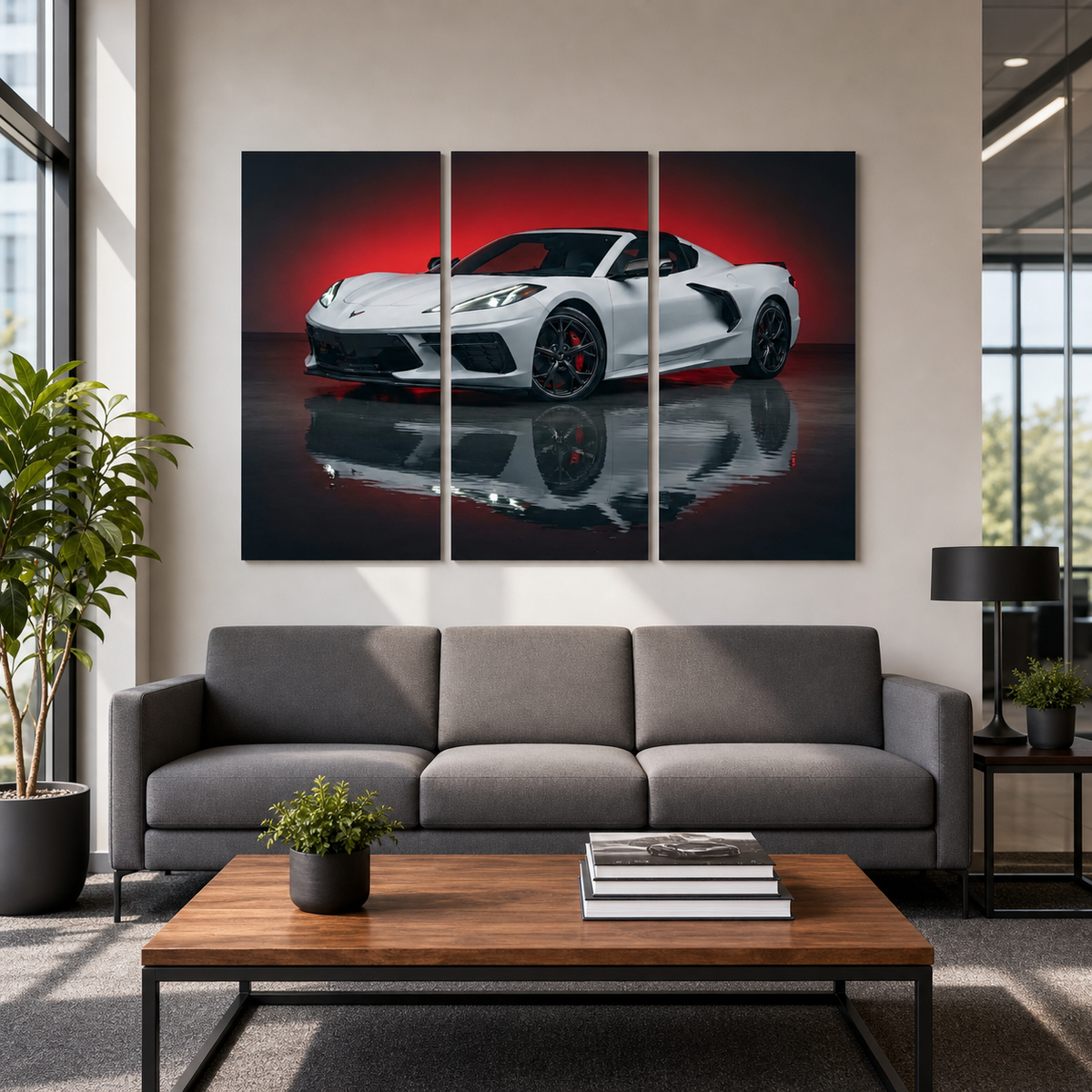 A three-panel canvas wall art print depicting a white sports car with a red reflection, displayed on a beige wall above a modern gray sofa in a styled living room.