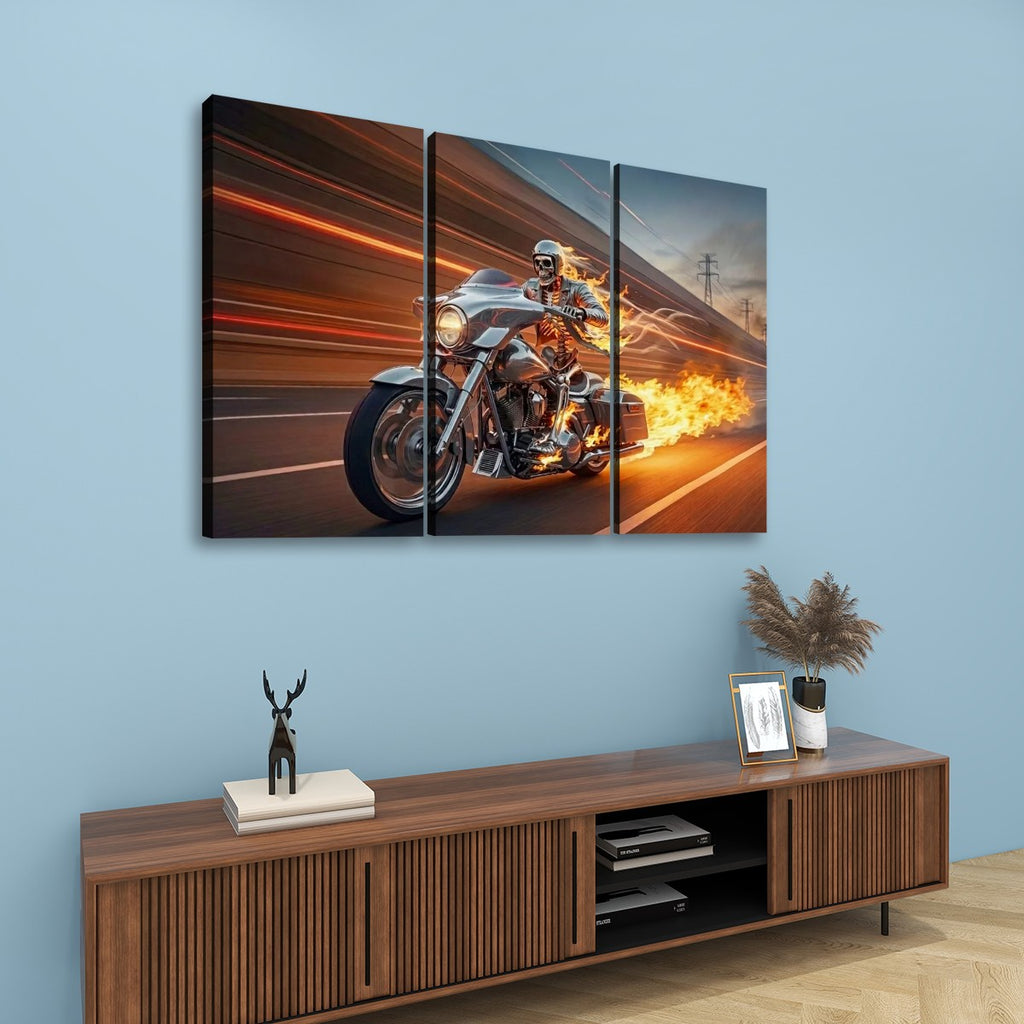 Chrome Dome Skeleton Fire Bagger Motorcycle Split Canvas Panel Wall Art | 1, 3, 5 Panel