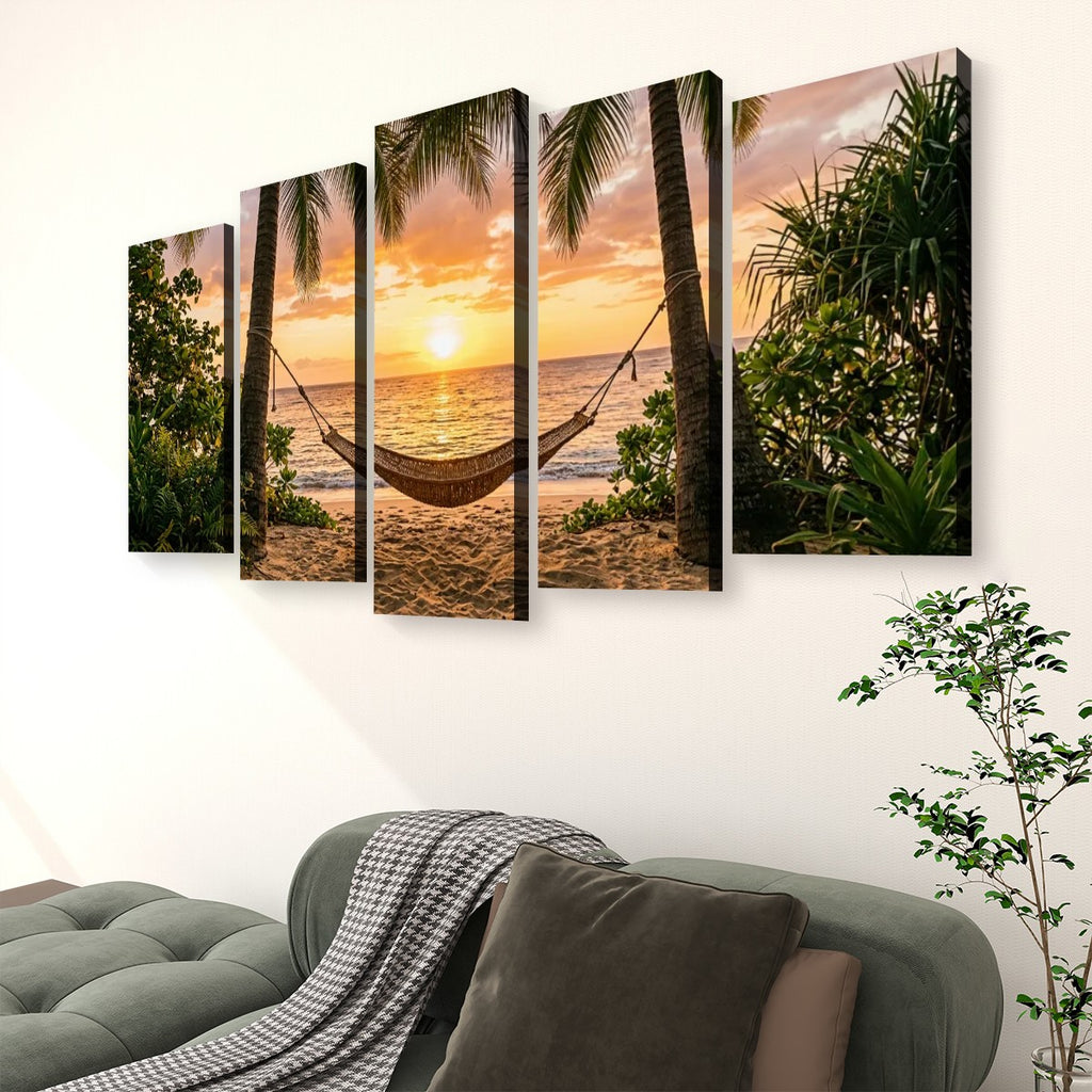 Hammock & Palm Trees Sunset Canvas Wall Art – Drift Into Sunset | 5-Panel Level Coastal Beach Print