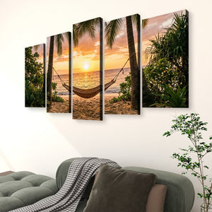 Drift Into Sunset – Hammock & Palm Trees 5-Panel Canvas Wall Art