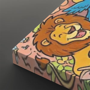 A close-up of a colorful illustrated product corner showing a cartoon lion face with a golden mane on a pink background, photographed against a dark gray studio backdrop.