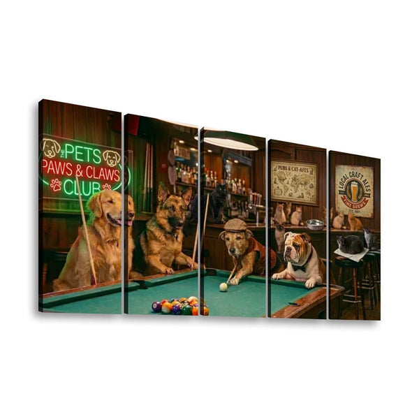 A five-panel canvas wall art set depicting dogs playing pool in a bar. The panels show a golden retriever, a German Shepherd, a bulldog, and other dogs at a green pool table, with neon signs and bar details in the background.