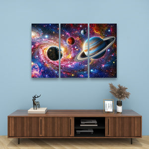 A three-panel canvas wall art set depicting a vibrant cosmic space scene with planets, stars, and nebulae, displayed on a light blue wall above a wooden console table with decorative items.