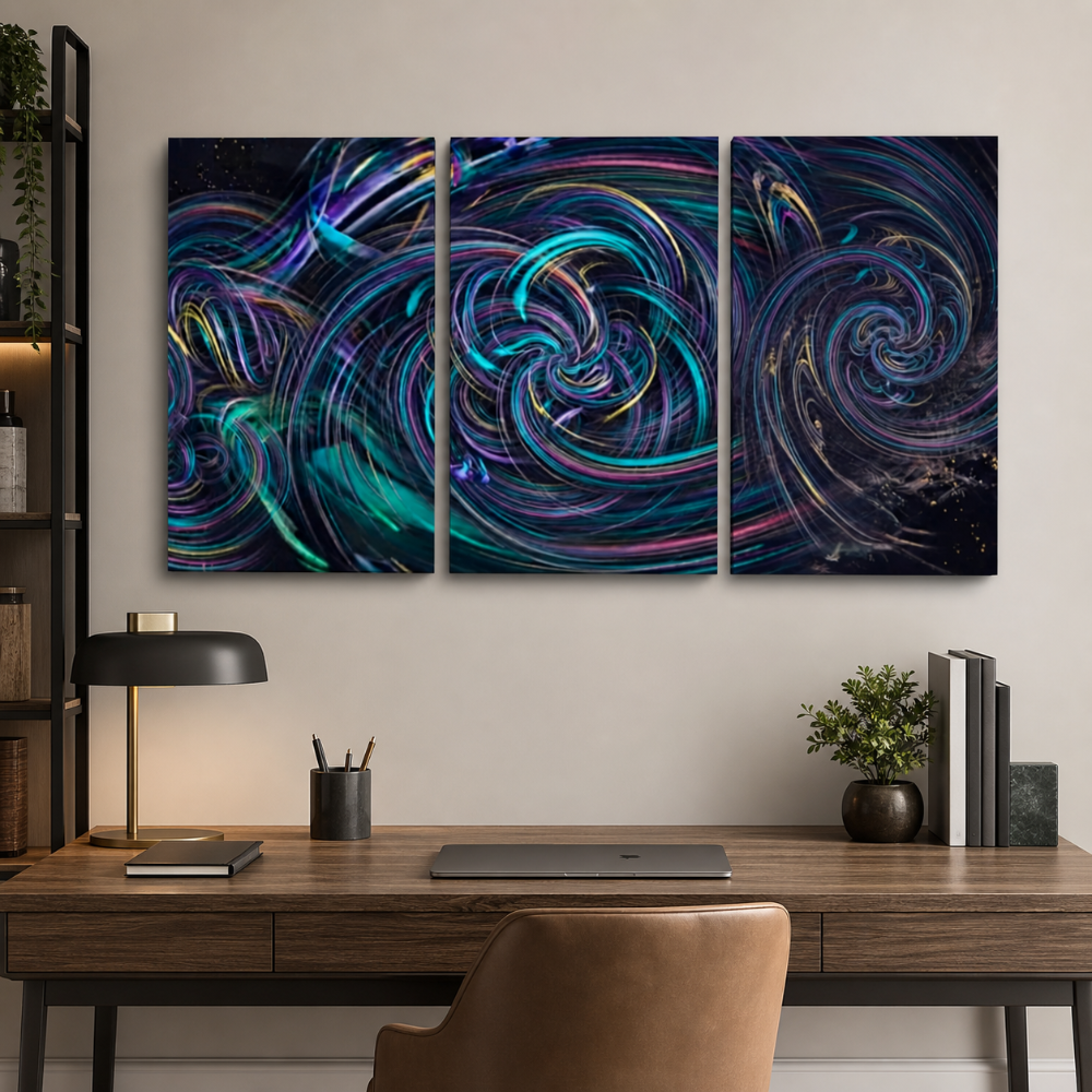 A three-panel abstract wall art set with swirling cosmic patterns in deep blue, teal, purple, and black, displayed above a wooden desk in a modern home office setting.