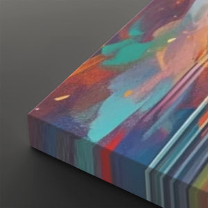 Abstract canvas wall art with a colorful marbled pattern in shades of blue, purple, teal, orange, and red, shown at an angle on a dark gray background.