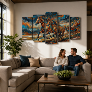 A five-panel canvas wall art set depicting two energetic horses in a dramatic blue, orange, and brown painting, displayed on a beige wall in a modern living room above a sofa with a couple sitting on it.