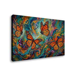 A rectangular canvas wall art print showing four orange-and-black butterflies over a vivid abstract background of swirling teal, blue, purple, and orange paint, photographed against a light gray studio background.