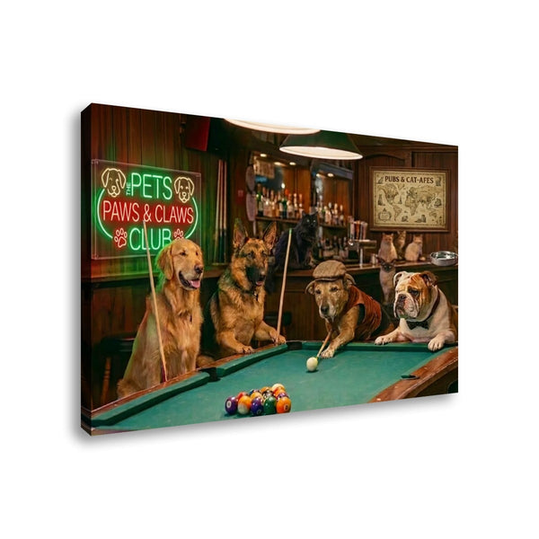 A rectangular canvas wall art print showing four dogs posed in a bar scene with a pool table, neon sign reading 'Pets Paws & Claws Club,' and a map on the wall. The canvas is photographed at an angle against a plain white background.