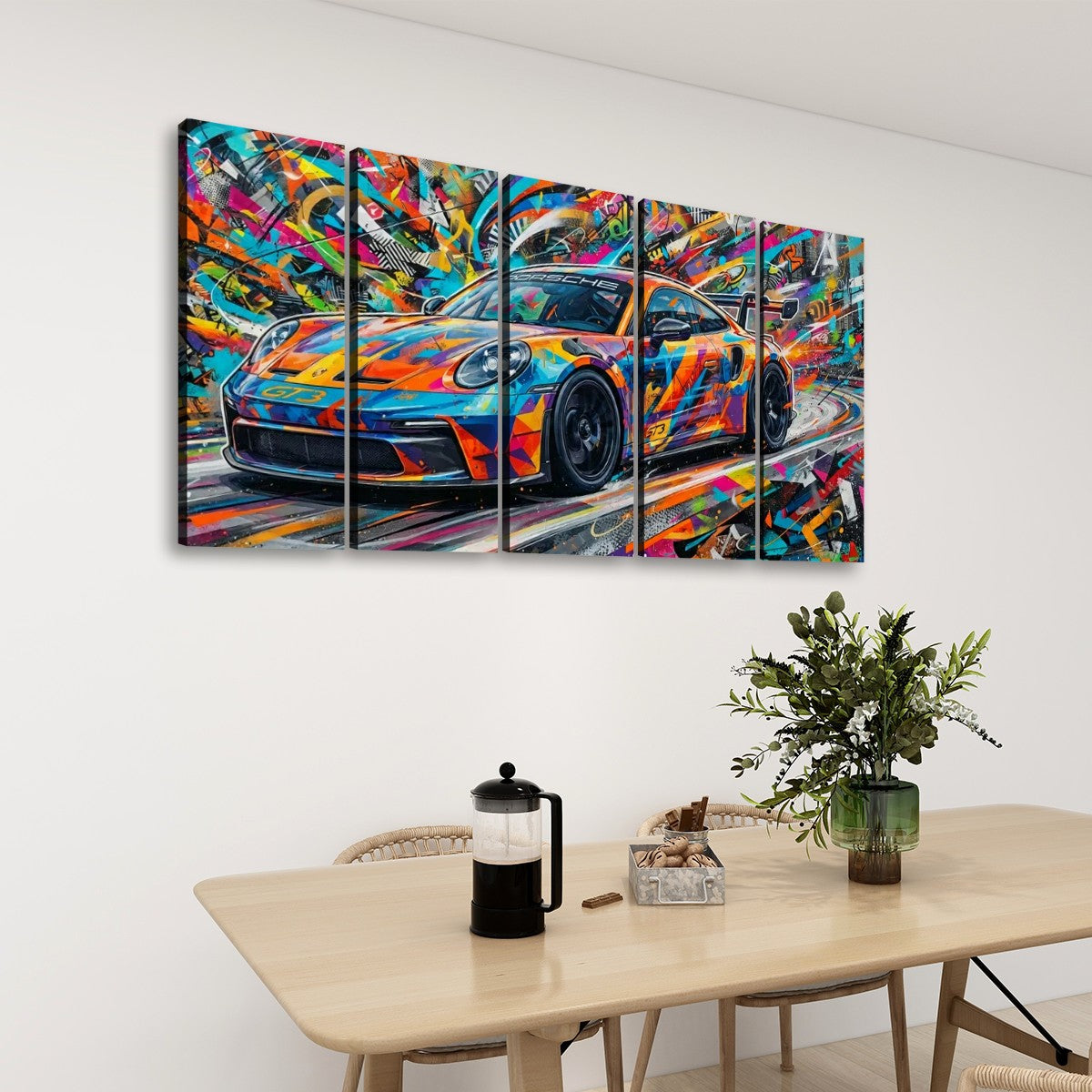 A 5-panel canvas wall art set depicting a colorful, graffiti-style painted sports 911 GT3 car, displayed on a white wall above a wooden dining table with a plant and French press.