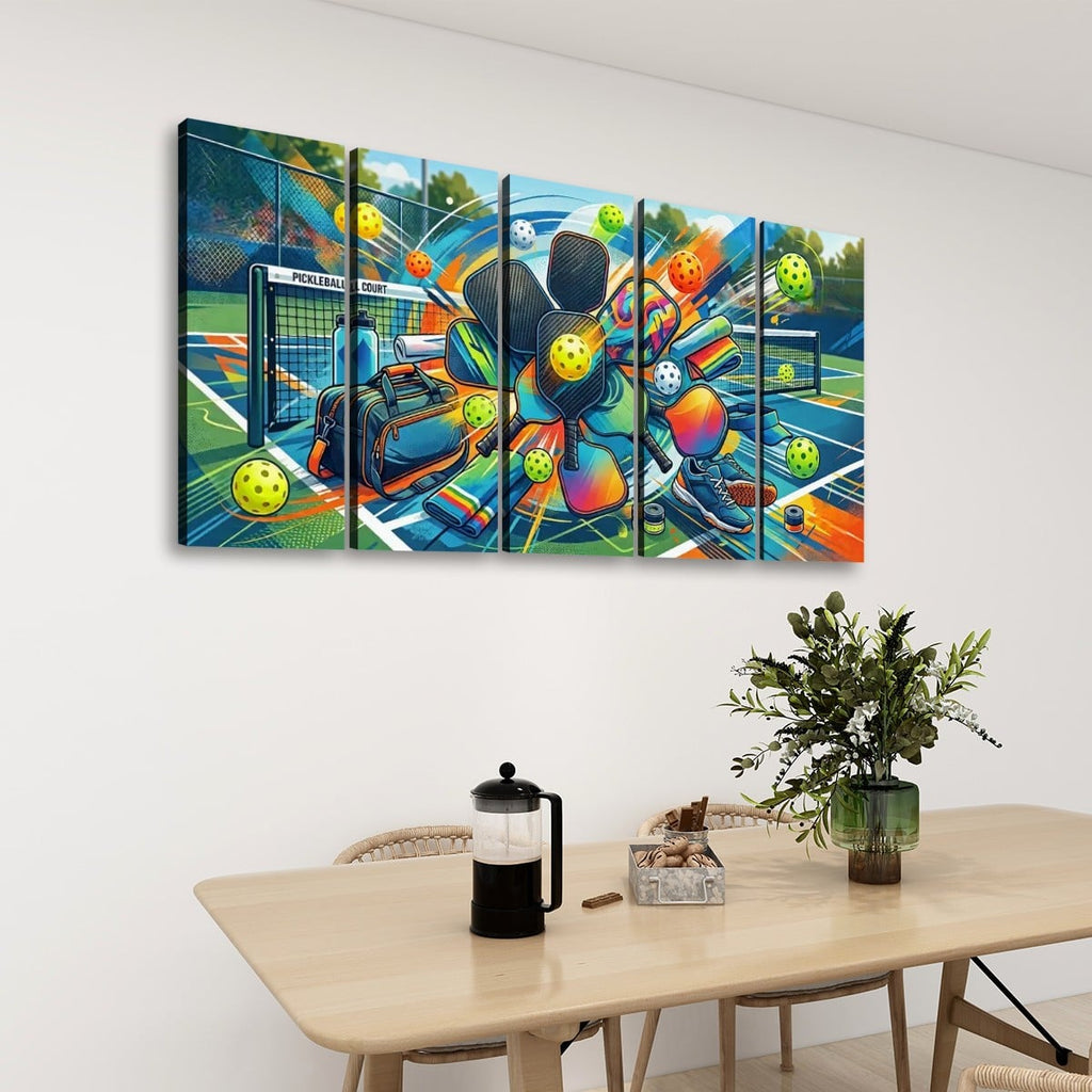 A five-panel canvas wall art set depicting a colorful, dynamic pickleball scene with  balls, and players, displayed on a white wall above a wooden dining table with a plant and coffee maker.