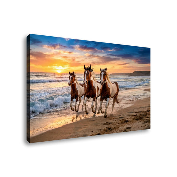 A rectangular canvas wall art print showing three horses running along a sandy beach at sunset, with ocean waves and a dramatic blue-and-orange sky. The canvas is photographed at a slight angle against a plain white background.