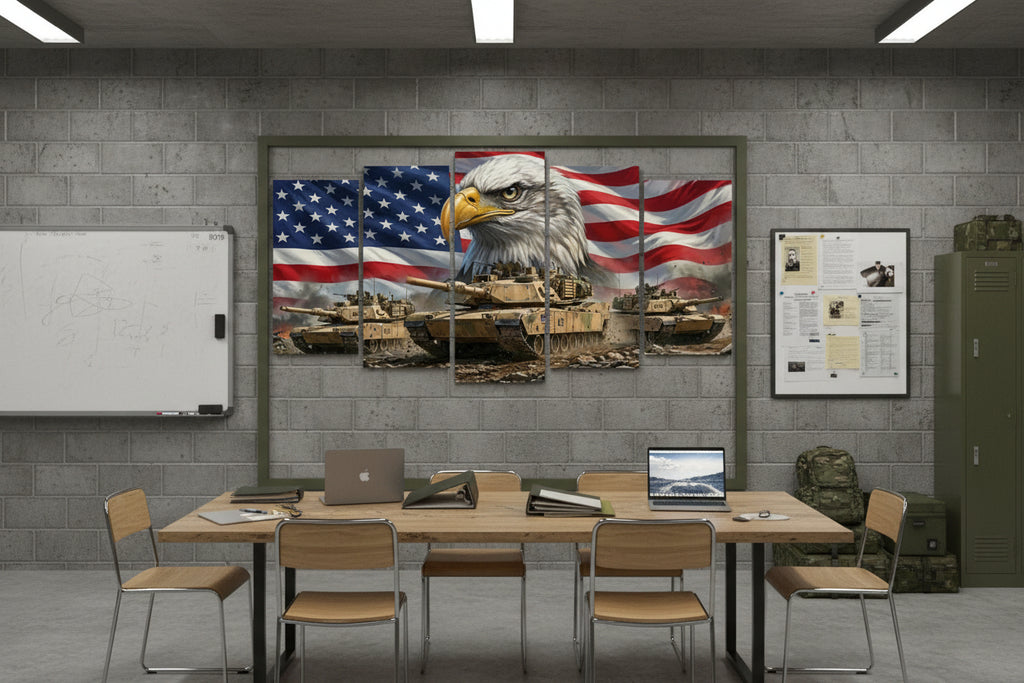 US American Flag Bald Eagle Army Tanks Military Split Canvas Panel Wall Art 1, 3, 5 Panel