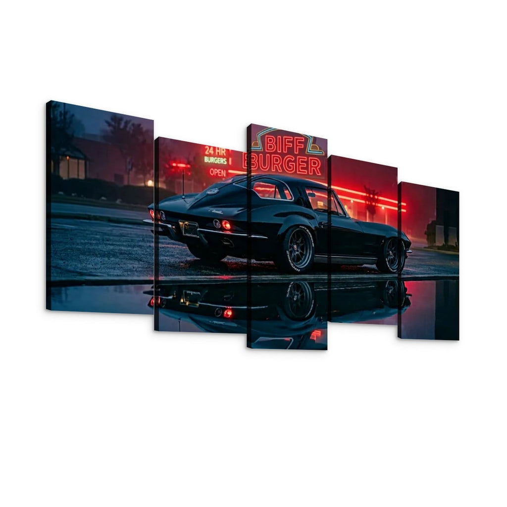 A five-panel canvas wall art set depicting a black 1963 Split Window Chevy Corvette parked in front of a glowing red 'Biff Burger' sign at night, with the car reflected on wet pavement below.