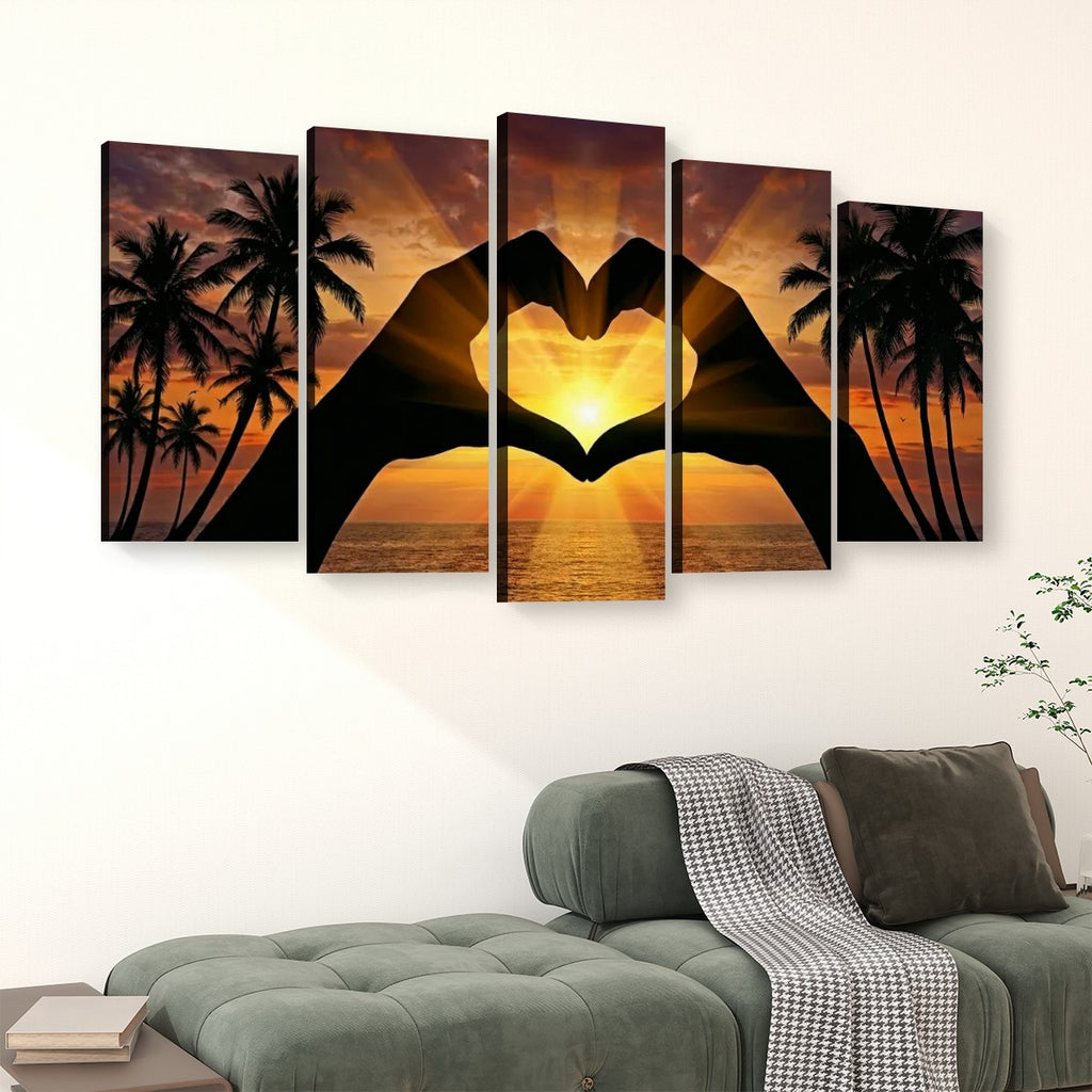 5-Panel Level Sunset Heart Hands Canvas Wall Art | Coastal Multi-Panel Print