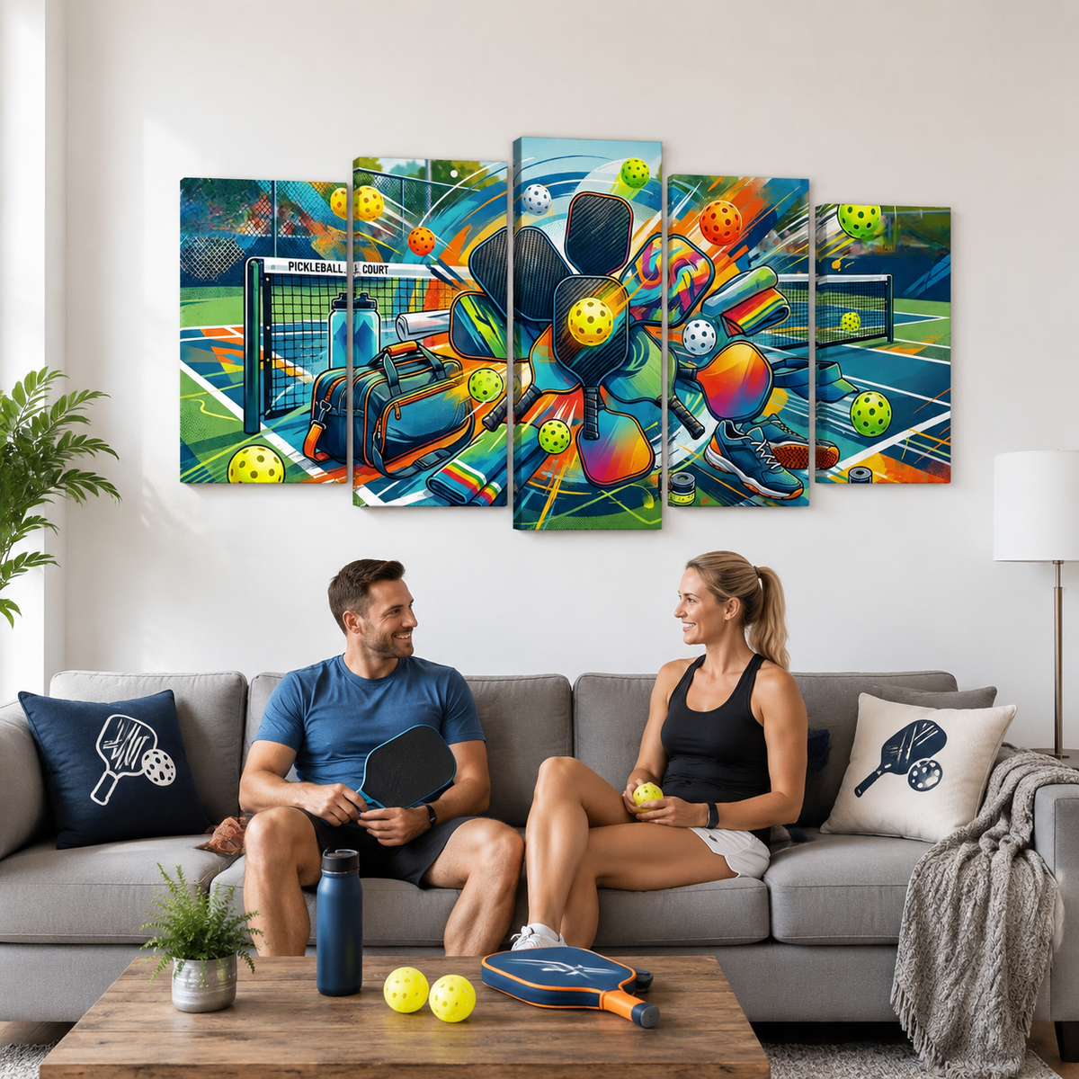 A 5-panel canvas wall art set depicting a colorful, dynamicpickleball equipment scene with a player, balls, and net, displayed on a wall above a living room sofa with a man and woman sitting below.