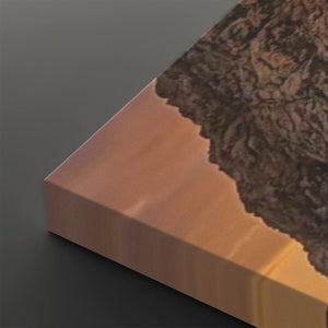 A close-up of a rectangular block or panel with a smooth warm copper-pink face, a dark brown textured top surface, and a dark gray background.