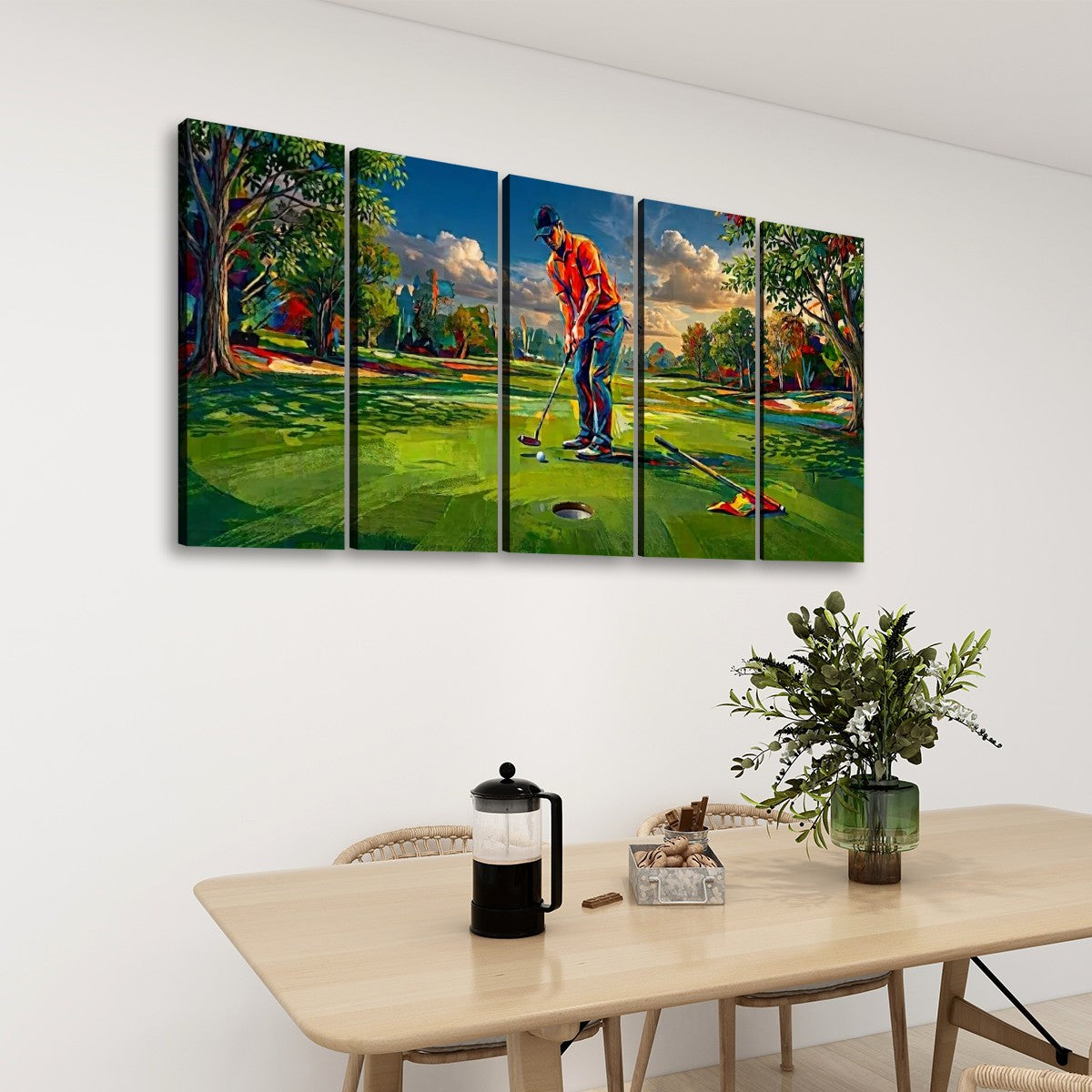 Golfer Golfing Putter Putting on Green — Golf Course Split Canvas Panel 1, 3 & 5 Wall Art