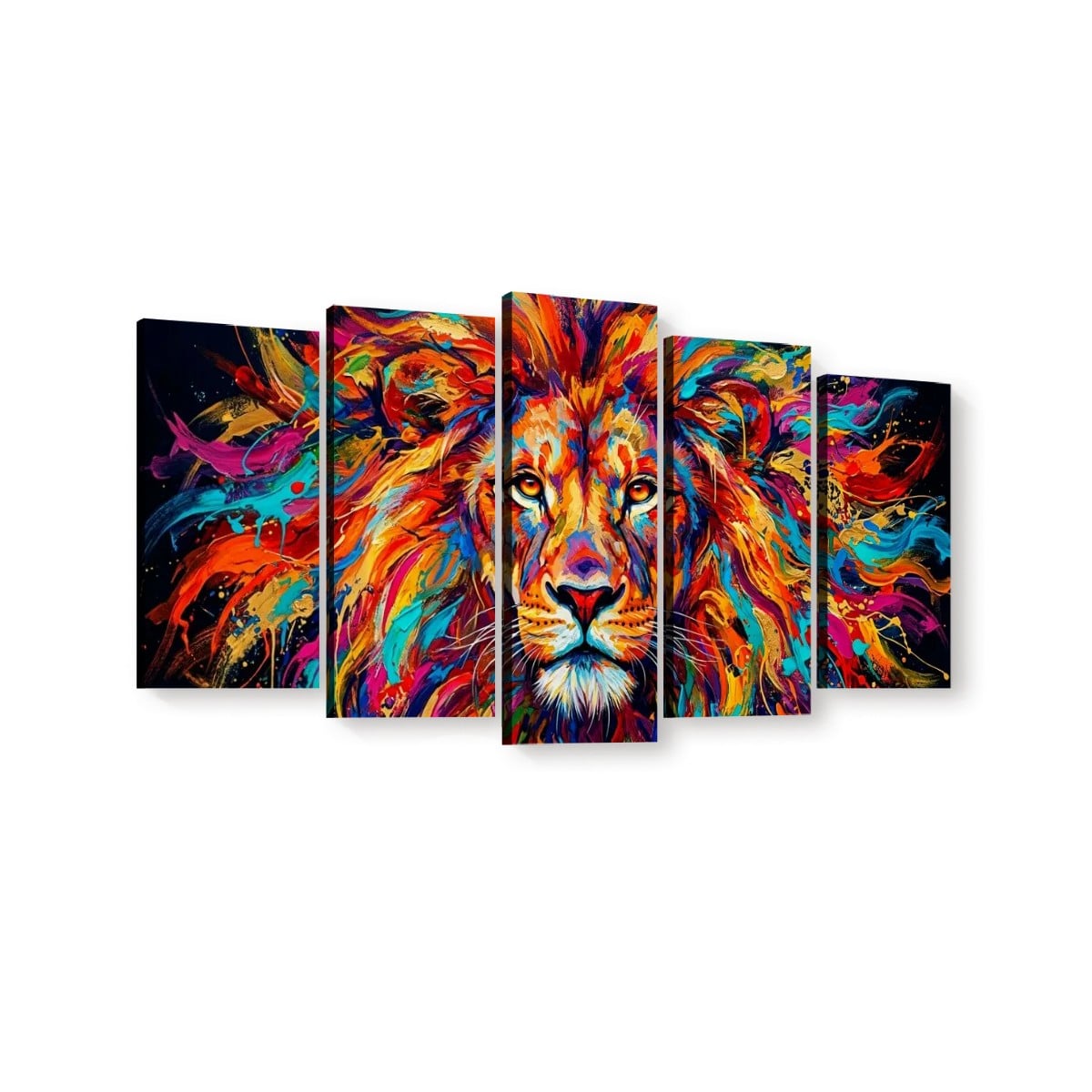 Abstract Colorful Lion Head Mane 1, 3, 5 Split Canvas Panel Wall Art Print