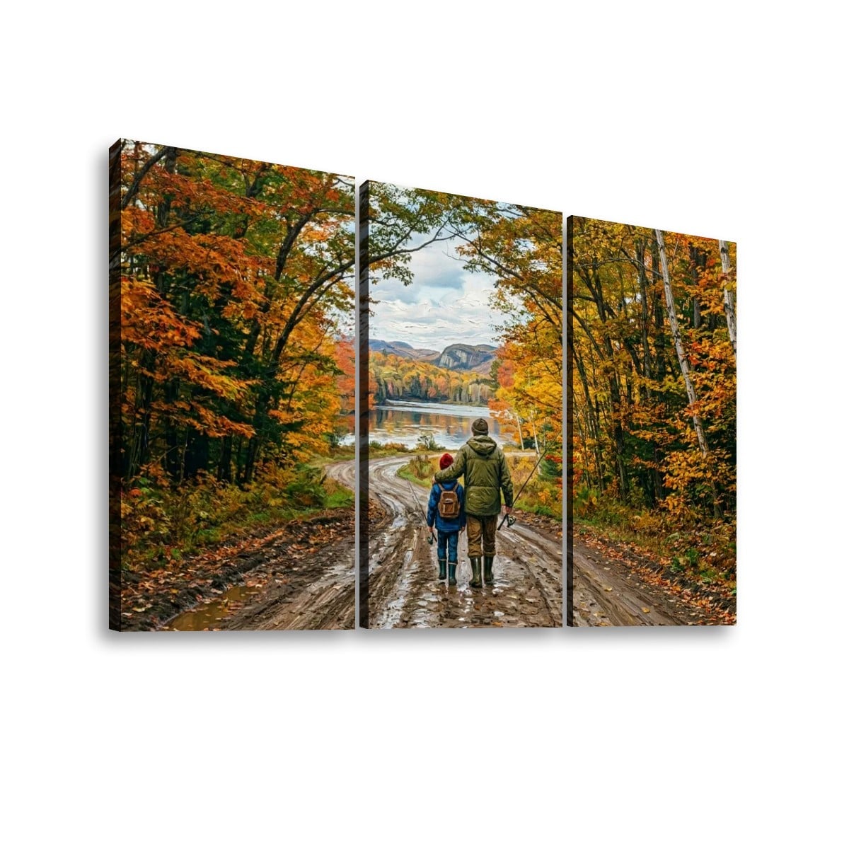 A three-panel canvas wall art print depicting a couple walking away on a dirt road surrounded by colorful autumn trees, with a lake and mountains in the distance, shown against a plain white background.