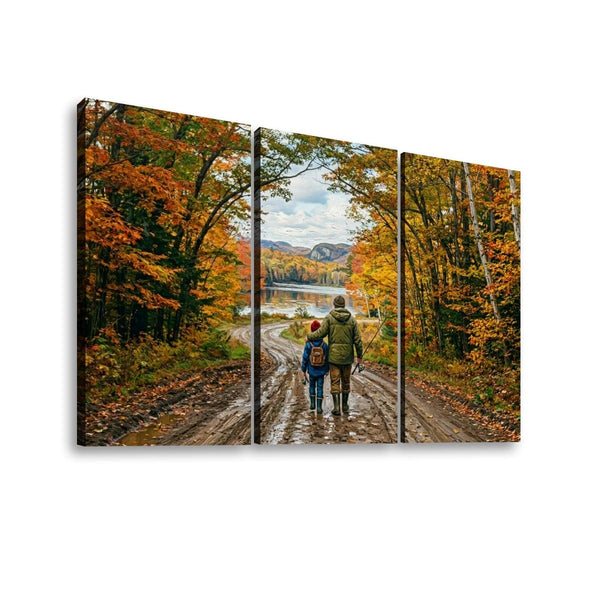 A three-panel canvas wall art print depicting a couple walking away on a dirt road surrounded by colorful autumn trees, with a lake and mountains in the distance, shown against a plain white background.