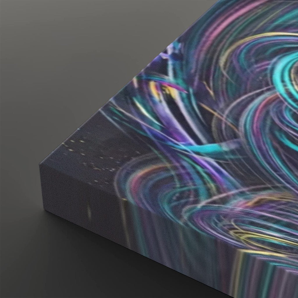 A close-up of a rectangular canvas or print showing an abstract swirling pattern with bright teal, purple, pink, and yellow streaks over a dark background, photographed on a dark gray studio surface.