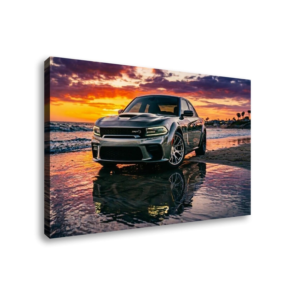 Dodge SRT Hellcat Charger Canvas Wall Art – Beach Sunset Scene | 5-Panel Level Garage Décor Print