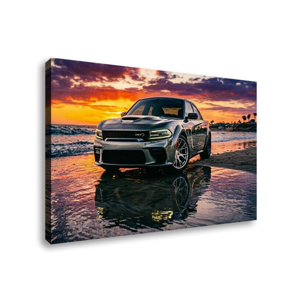 Dodge SRT Hellcat Charger Canvas Wall Art – Beach Sunset Scene | 5-Panel Level Garage Décor Print