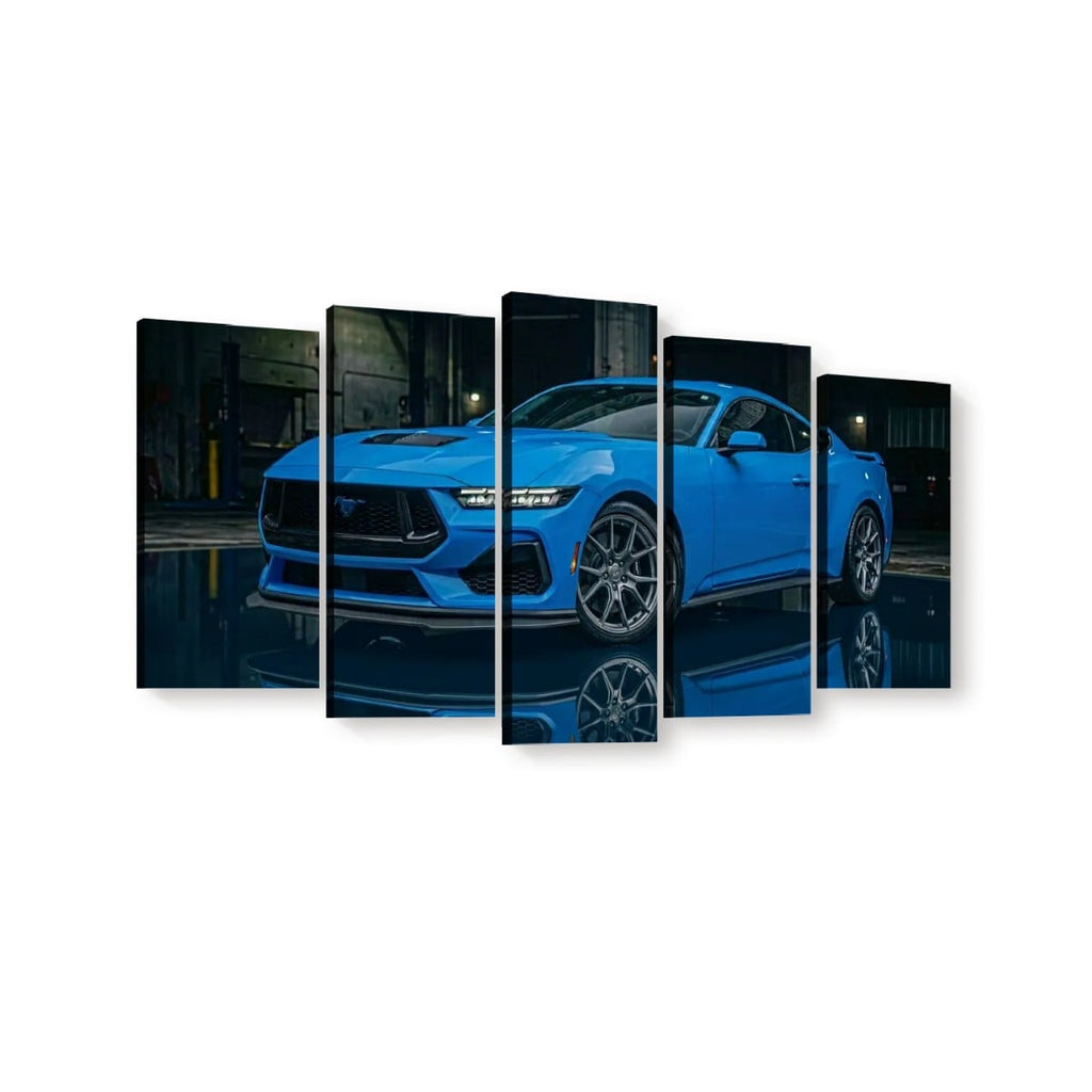 A five-panel canvas wall art set depicting a bright blue sports car in a dark industrial garage setting, shown against a plain white background.
