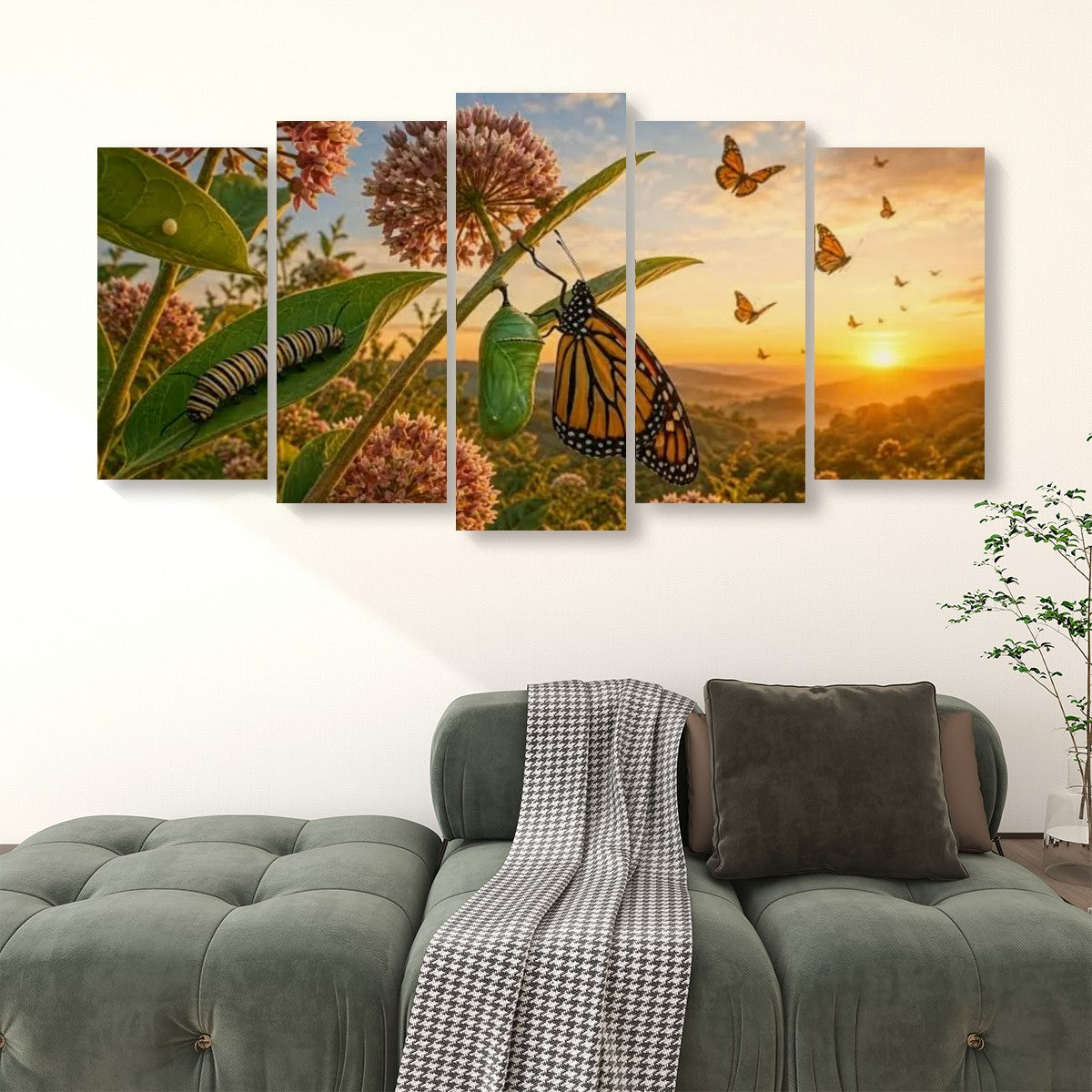 A five-panel canvas wall art set depicting a monarch butterfly and chrysalis among flowers at sunset, displayed above a green sofa in a living room setting.