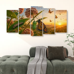 A five-panel canvas wall art set depicting a monarch butterfly and chrysalis among flowers at sunset, displayed above a green sofa in a living room setting.