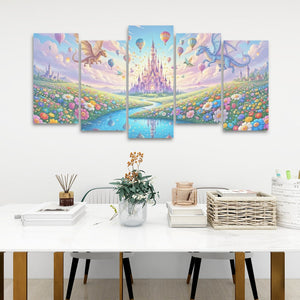 A five-panel canvas wall art set depicting a whimsical fantasy landscape with a pastel castle, hot air balloons, dragons, and a flower field, displayed above a white table in a styled room setting.