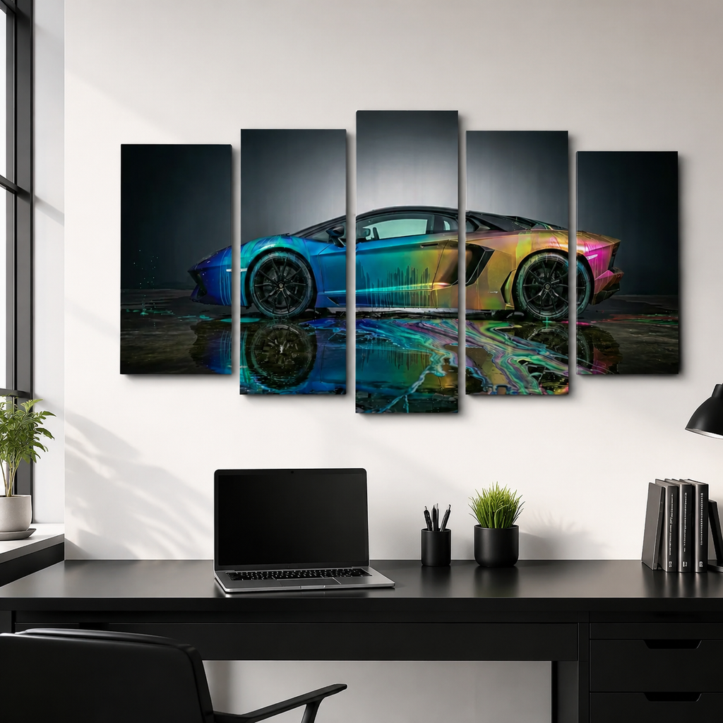 A five-panel canvas wall art set depicting a colorful Lamborghini sports car with a reflective water effect, displayed on a white wall above a black desk in a modern office setting.