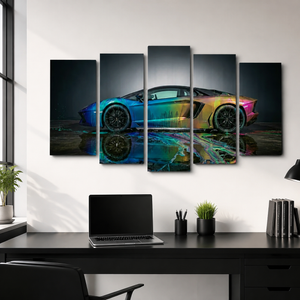 A five-panel canvas wall art set depicting a colorful Lamborghini sports car with a reflective water effect, displayed on a white wall above a black desk in a modern office setting.