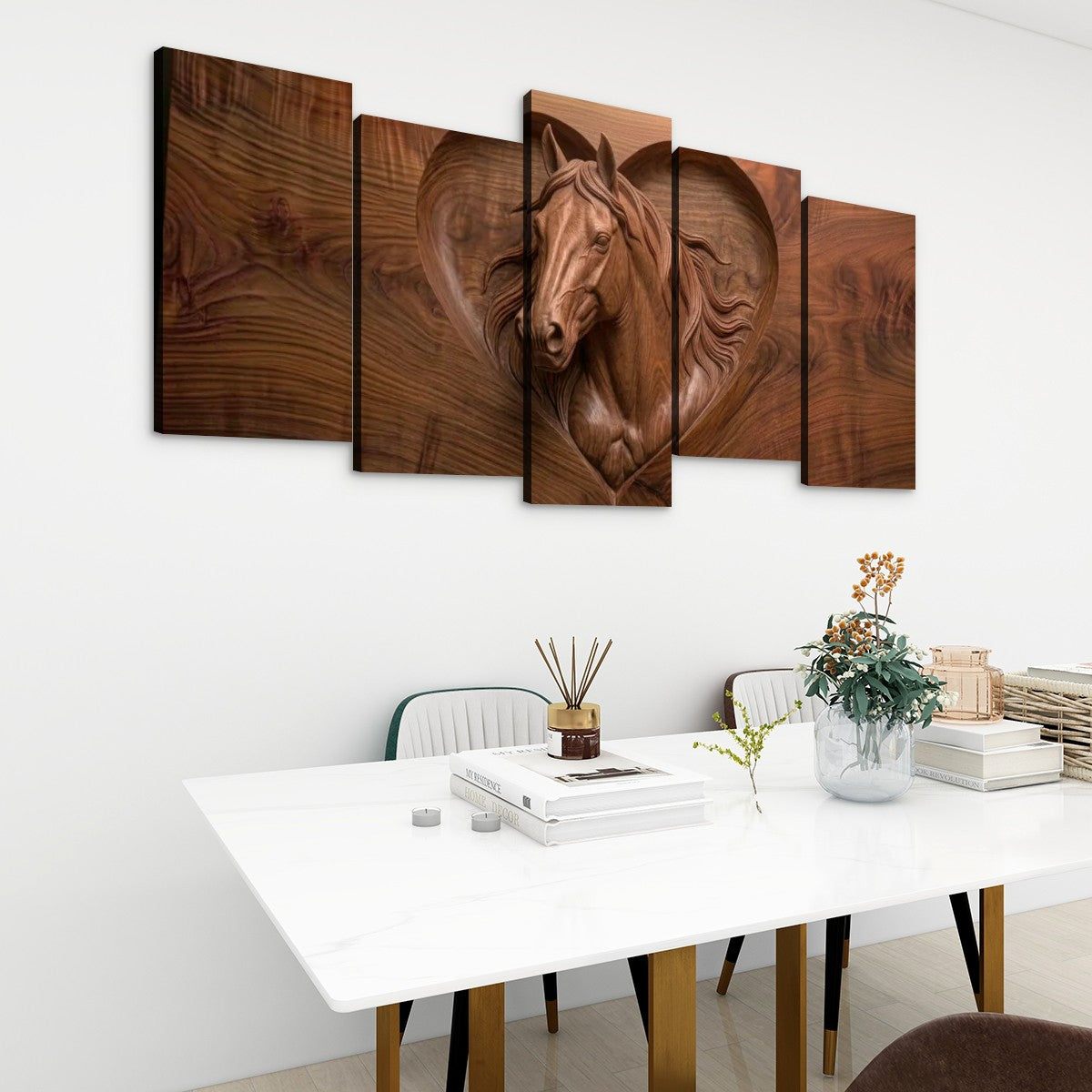 Wood Sculpture Horse Head with Heart 5-Panel Canvas Wall Art