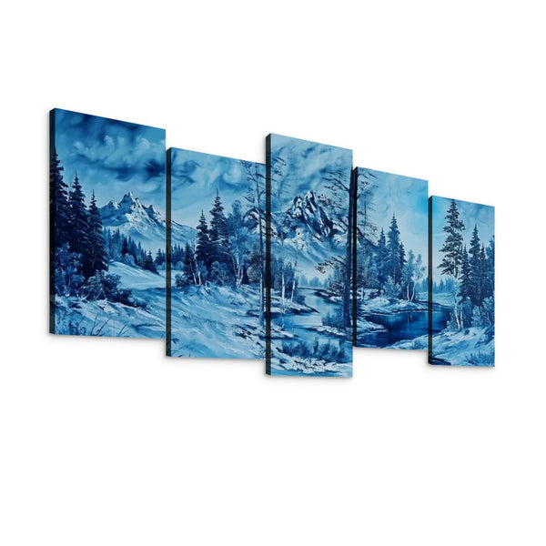 A five-panel canvas wall art set depicting a snowy mountain landscape with pine trees and blue-toned sky, shown against a plain white background.