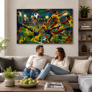 A colorful pop-art style soccer canvas print hangs on a light beige wall above a gray sectional sofa where a couple is sitting. The artwork features multiple soccer players in yellow, red, and blue, with soccer balls and a stadium background.