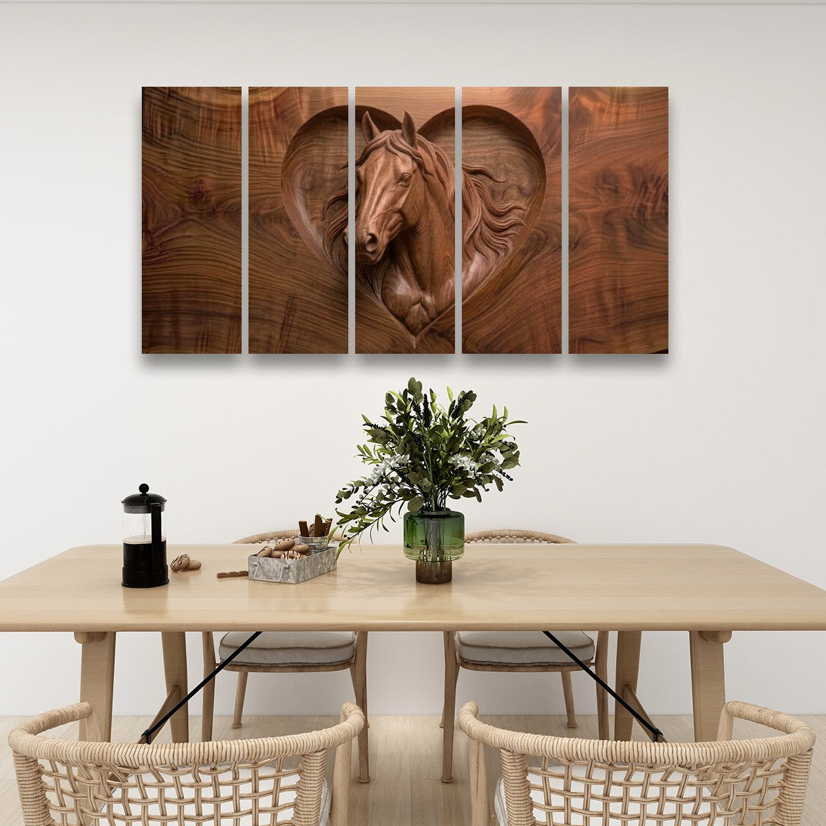 Wood Sculpture Horse Head with Heart 5-Panel Canvas Wall Art