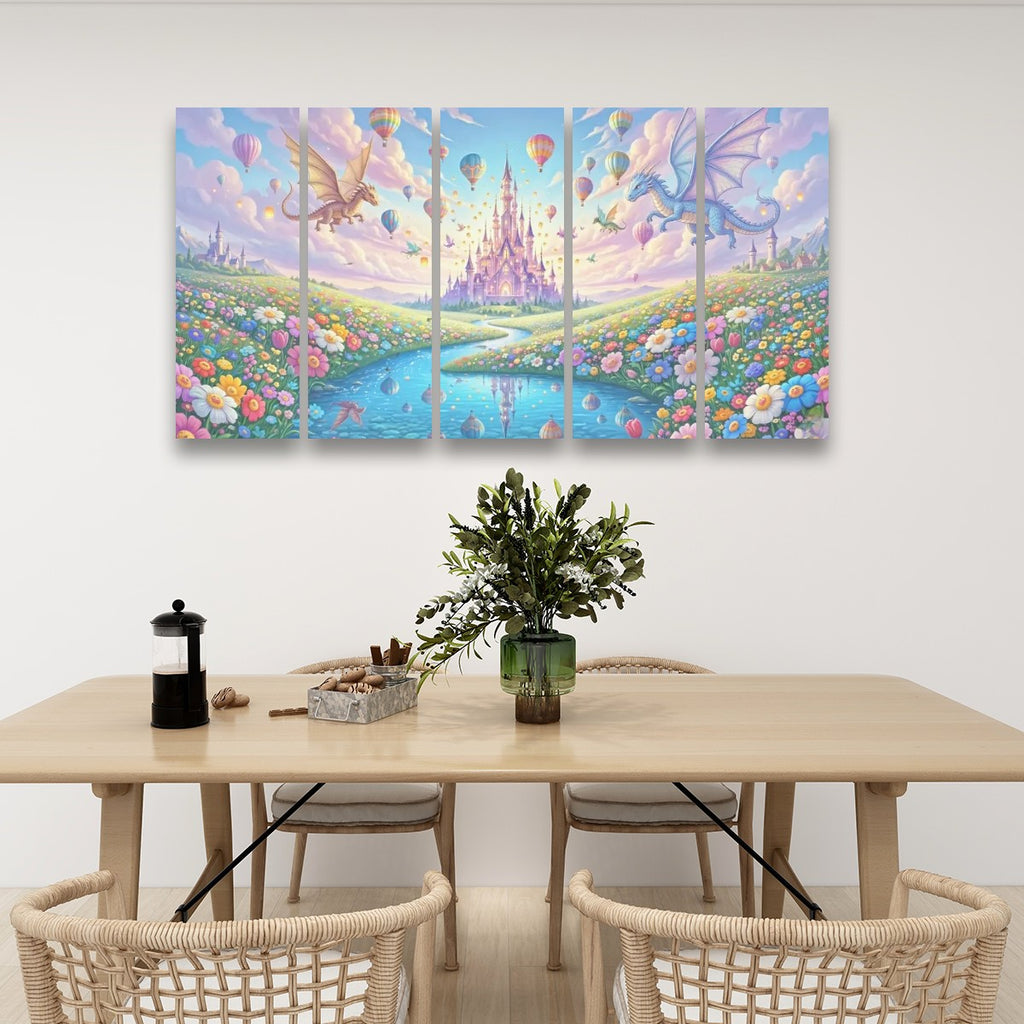 A 4-panel canvas wall art set depicting a whimsical fantasy castle scene with dragons, hot air balloons, and a river, displayed on a white wall above a dining table with chairs.