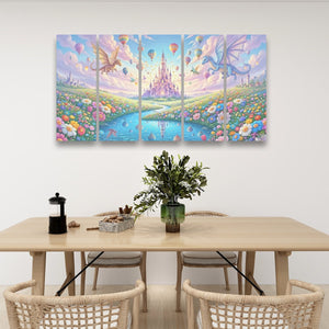 A 4-panel canvas wall art set depicting a whimsical fantasy castle scene with dragons, hot air balloons, and a river, displayed on a white wall above a dining table with chairs.