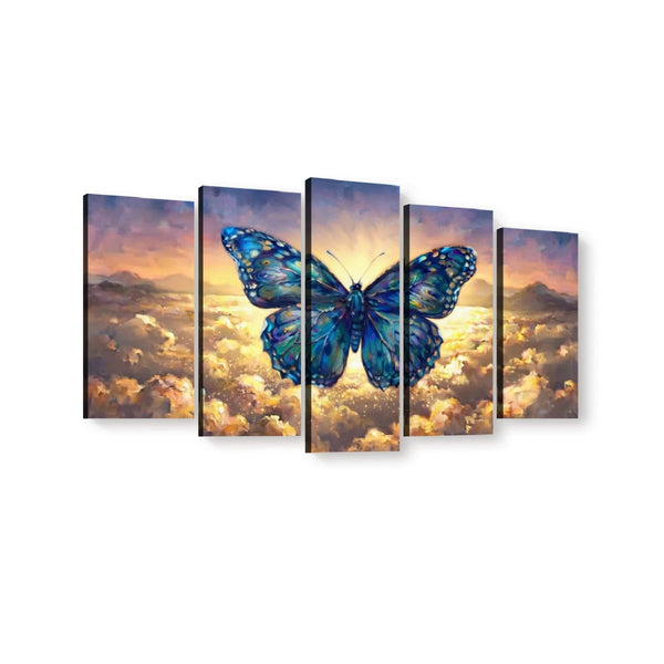 Five-panel canvas wall art showing a large blue butterfly over a glowing sky and clouds, displayed against a plain white background.