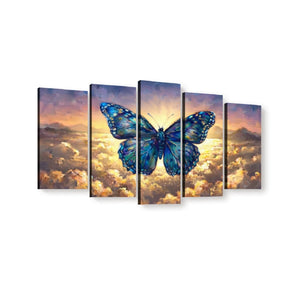 Five-panel canvas wall art showing a large blue butterfly over a glowing sky and clouds, displayed against a plain white background.