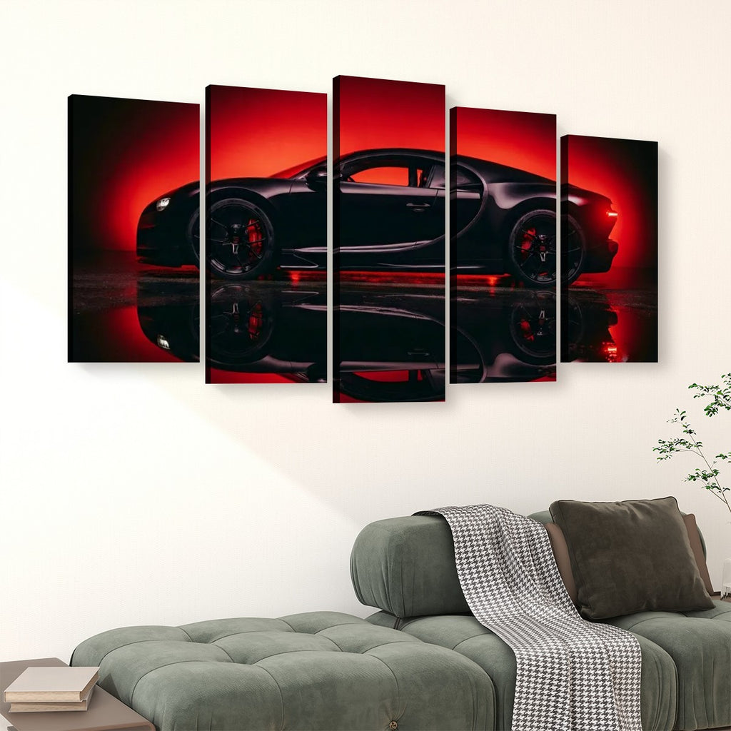 Bugatti Chiron Canvas Wall Art – Dark Reflection Supercar Print | 5-Panel Level Garage Décor