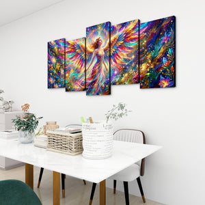 A 4-panel canvas wall art set depicting a colorful, vibrant angel with large wings, displayed on a white wall above a dining table in a modern room setting.