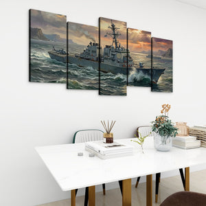 Storm Fury – Warship Battling Rough Seas 5-Panel Canvas Wall Art